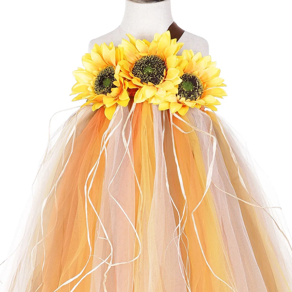 Autumn Sunflower Scarecrow Tutu Dress Kids Pumpkin Halloween Costumes for Girls Photo Prop Party Fall Themed Tulle | Детская одежда и