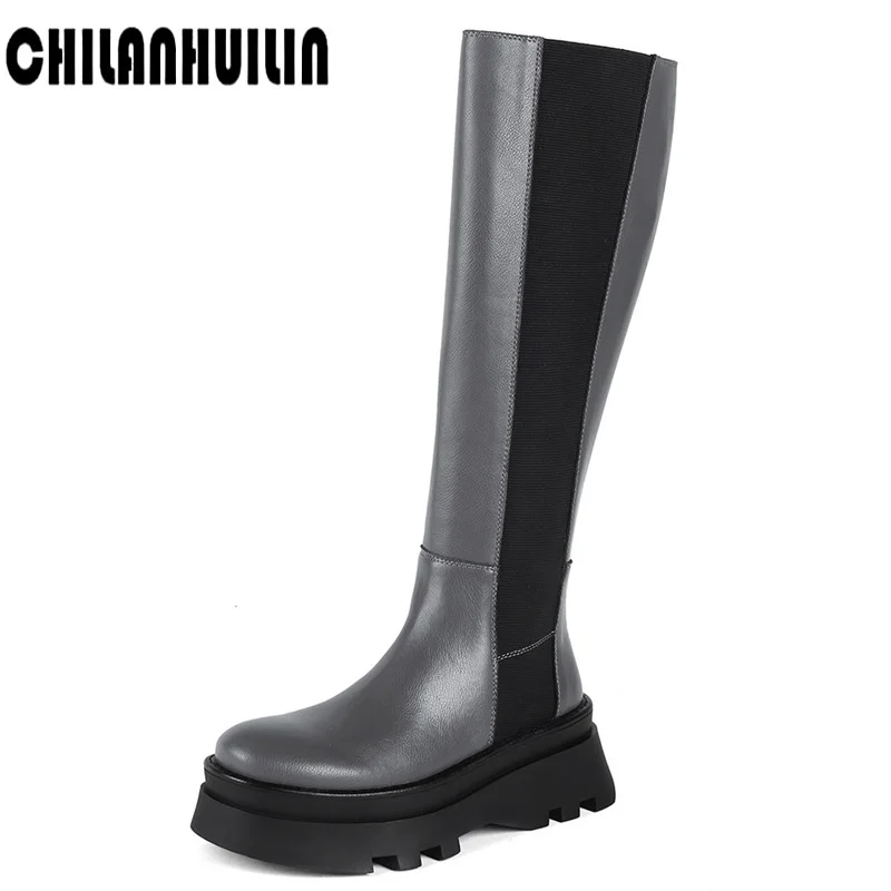 

brand design double-layer platform shoes women knee high boots genuine leather autumn winter woman thick heels warm snow boots