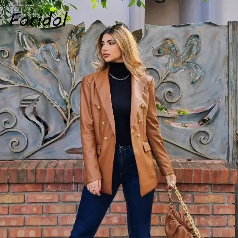 

Foridol Faux Leather Brown Blazer Jacket Coat Autumn Winter Femme Double Breasted Pockets Streetwear PU Blazer Office Blazer
