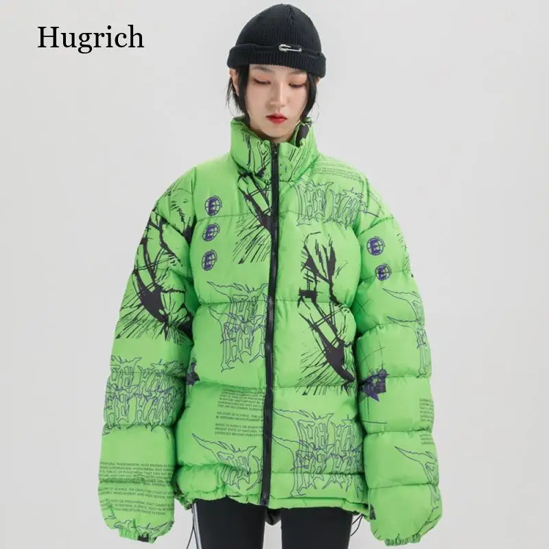 Пуховик с японским мультяшным принтом граффити Мужская Толстая парка зимняя