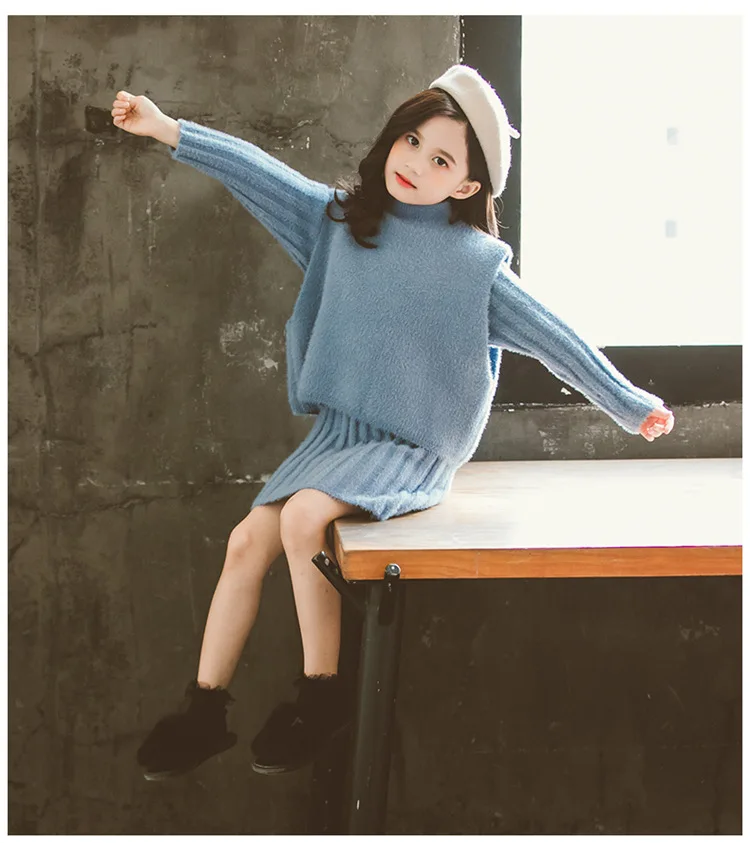 Girls Clothing set Winter Faux-wool Thick Warm Knitted Vest Dress Suit Children Costume Kids Tracksuit 8 10 Years Girls Clothes