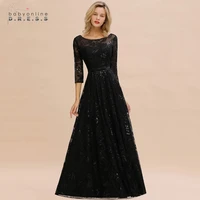 new arrival 2020 black lace long evening dress a line sequins evening gowns 34 sleeves fomal gowns robe de soiree longue