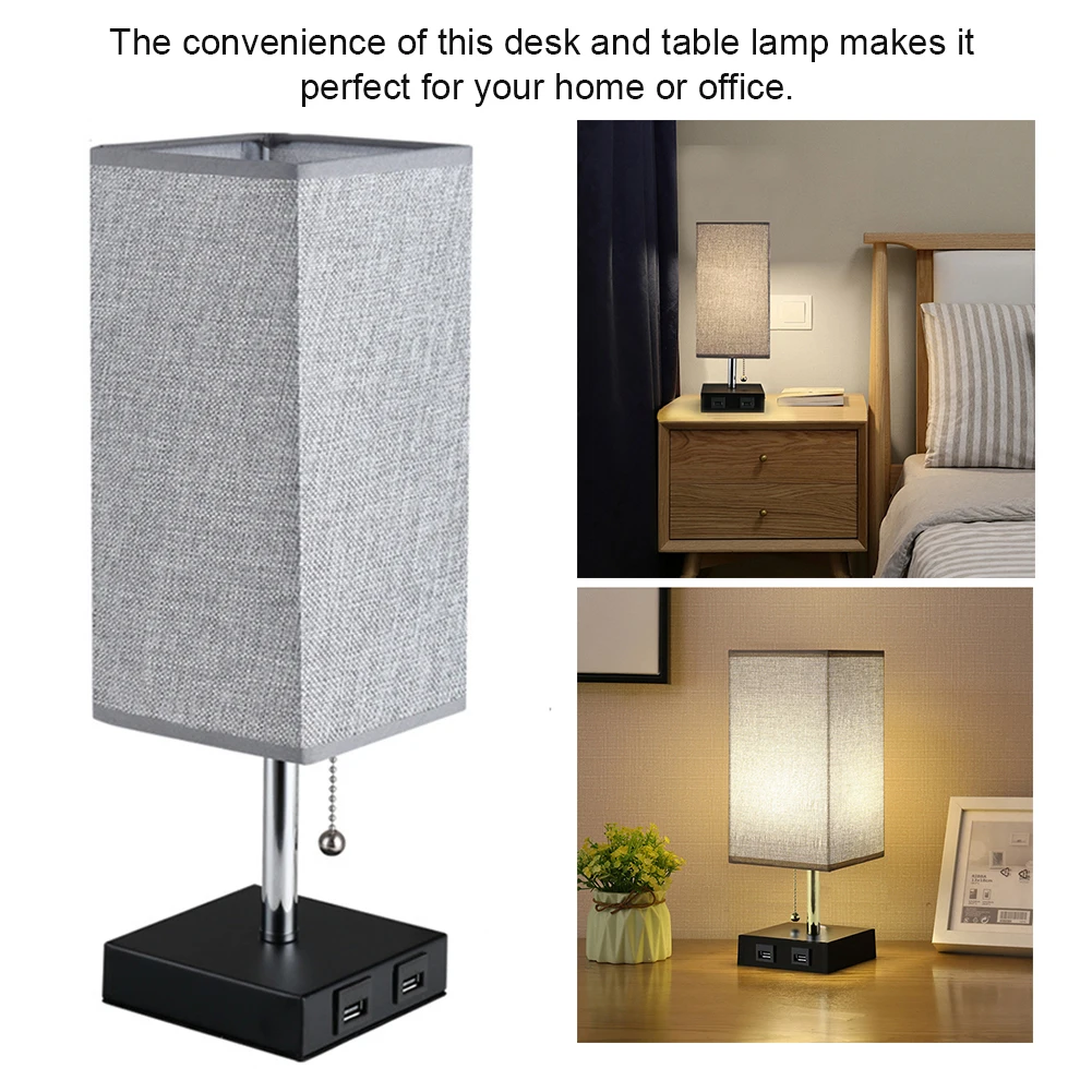 

With USB Charging Port Bedroom Table Lamp Home Square Fabric Shade Modern Eye Protection Office Multifunctional Bedside Indoor
