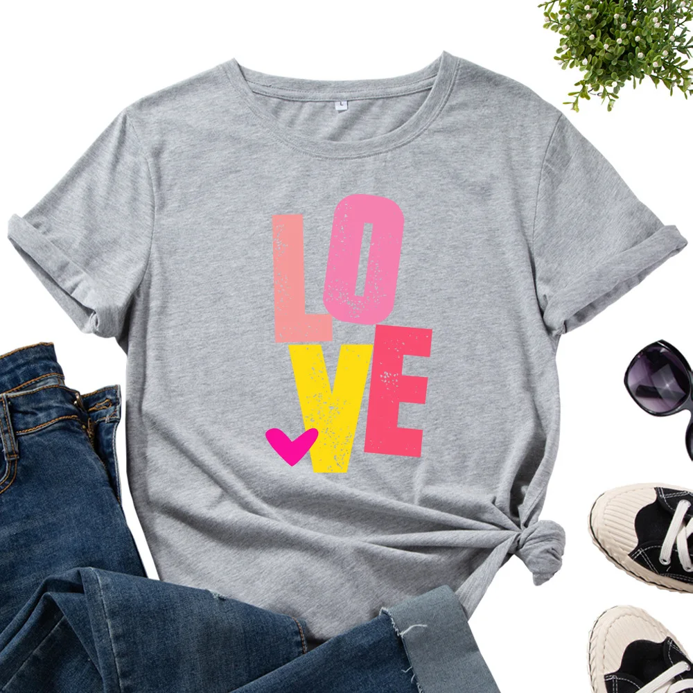 

Cotton T-Shirts for Women Graphic Tees Printed Shirt Short Sleeve Summer Tops Casual Clothes Colorful Letter Word Love Top Wear