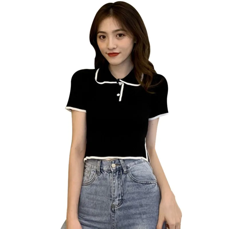 

Women Turn-down Tee Collar Color Block Casual Girls New Short Sleeve Knitted T-Shirt