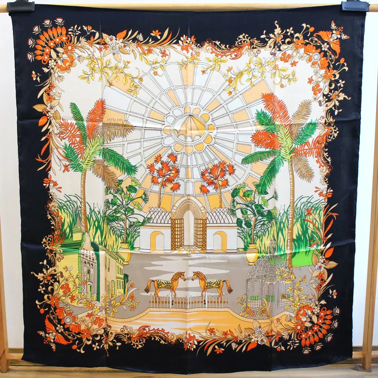 

KMS New silk scarf palace horse coconut tree silk wild silk crepe satin square scarf for Girl Lady Woman Women 110*110cm/60g
