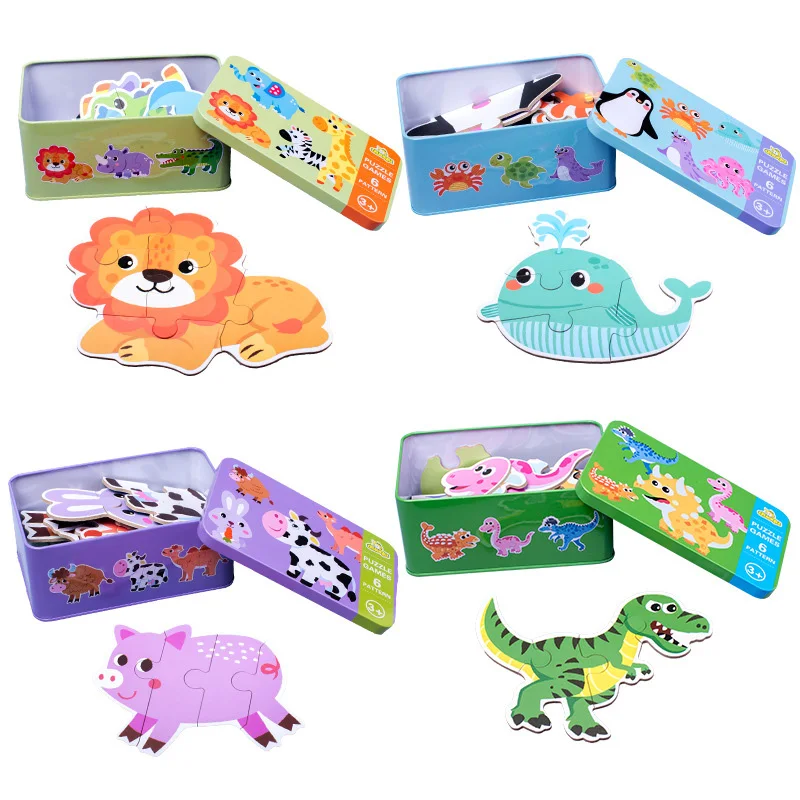 

Animal Jigsaw Puzzle Toys Games Iron Box Cartoon Dinosaur Traffic Wooden Puzzle for Kids Montessori Early Educational Toy Gift