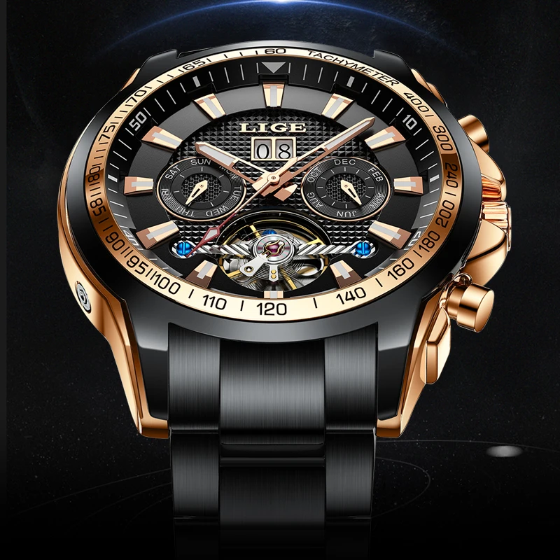 LIGE Sapphire Glass Automatic Watch Men Top Brand Luxury Full Steel Sport Mechanical Watch Fashion 100M Waterproof Men Watches enlarge