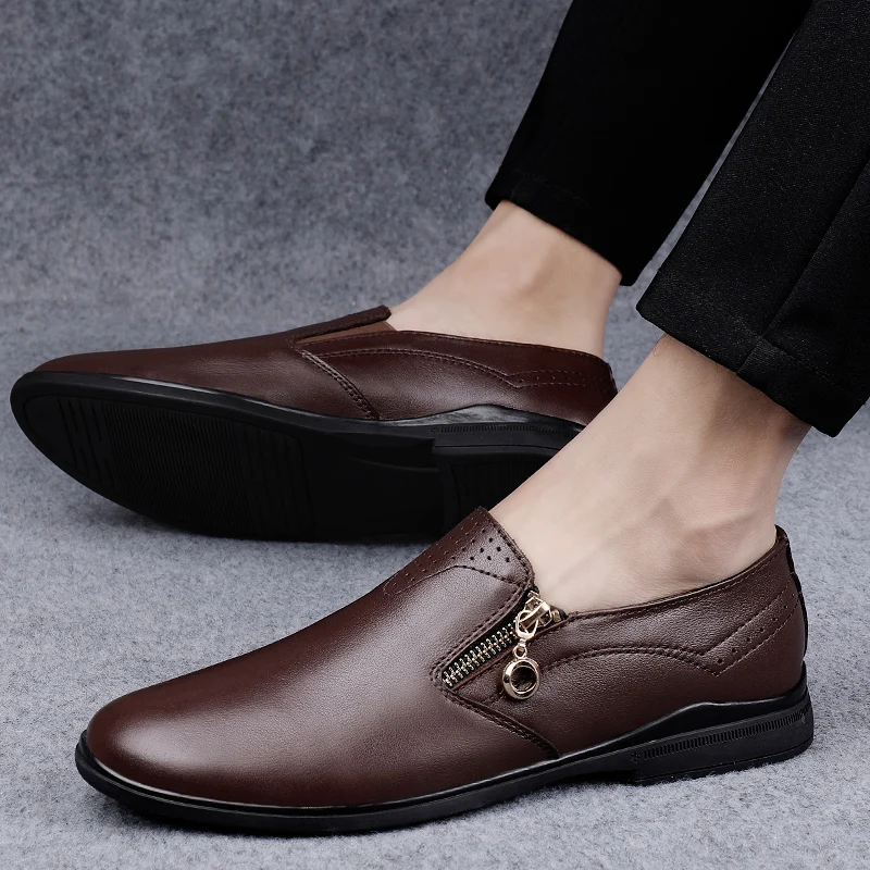 

Popular Men Casual Flats Shoe Genuine Leather Adult Casual Shoes Fashion Zipper Shoe For Mens Good Quality Walking Shoes Men