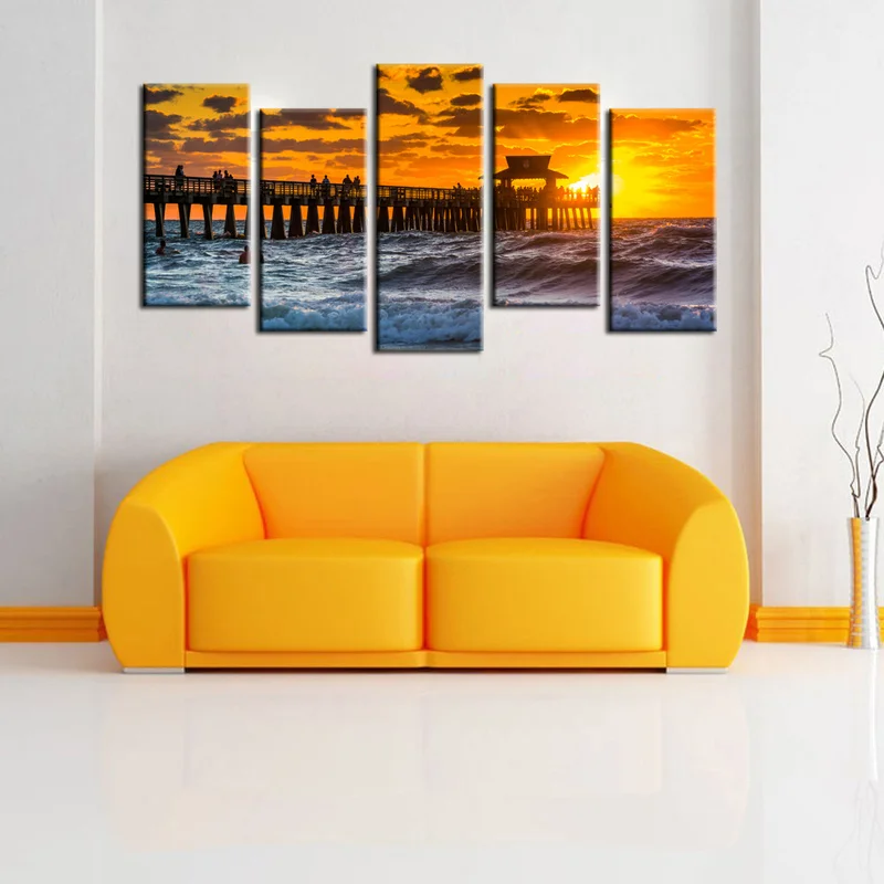 

5 Pieces Canvas Posters and Prints Bedroom Wooden Bridge on Ocean Print Home Decor Poster HD Painting for Room Decoration