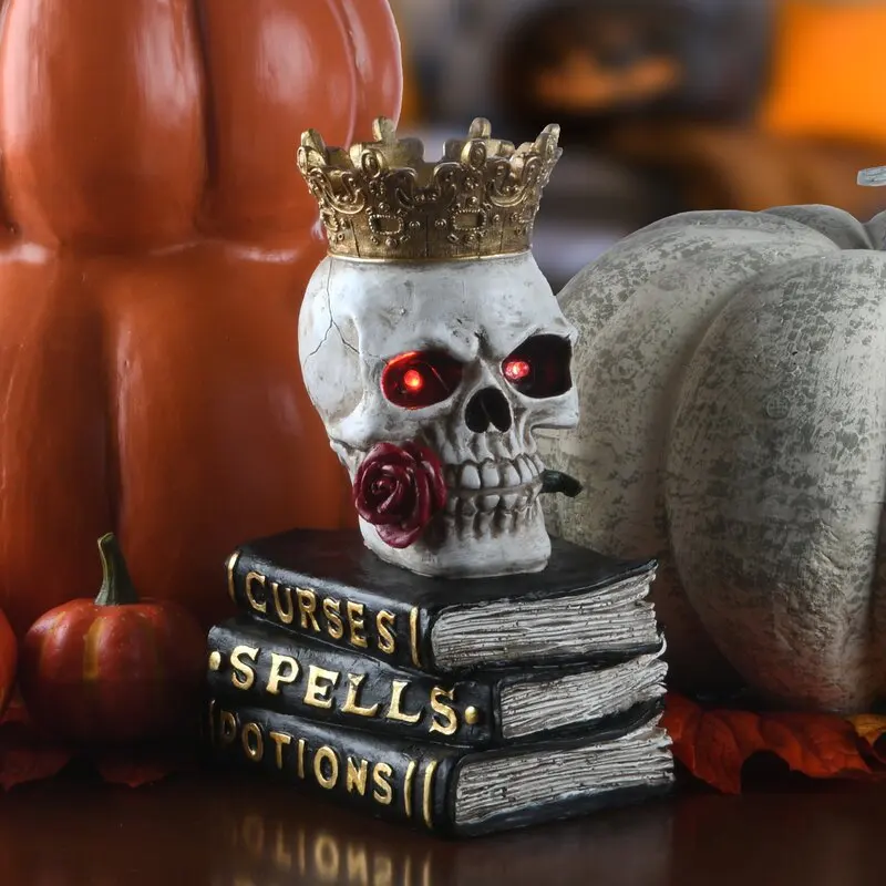 

Halloween Bar Horror Resin Ornaments Sitting On The Tree Glowing Crown Skull Sculpture Crafts Home Desktop Decoration Props