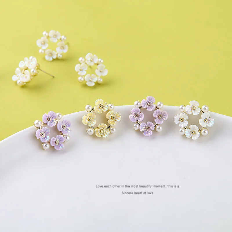 4pcs Japanese style Showa Shell Flower Pearl Earrings Hollow Garland sweet Statement stud Earring Girl DIY accessories matterial | Украшения