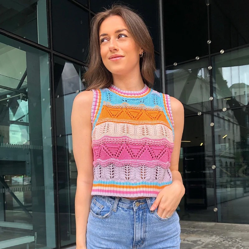 

Womens Crochet Knit Sweater Tank Tops Bohemian Sleeveless Round Neck Striped Round Collar Hollow Out Vest Crop Tops