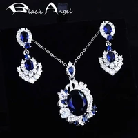 black angel 2021 new design exquisite imitation royal sapphire jewelry sets for women geometric pendant necklace drop earrings