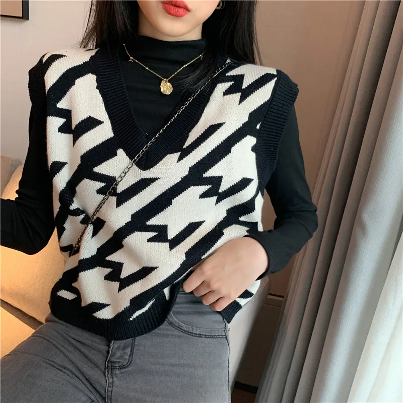 

Women Knitted Sweater Vest Autumn 2021 Korean Style Vintage Geometric Houndstooth V Neck Sleeveless Pullover Waistcoat Tops T454
