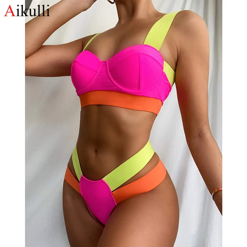 

Sexy Underwire Bikinis Set Women Swimsuits 2023 New Pink Splicing Swimwear Summer Woman Beach Brazilian Bikini Swim Bathing Suit