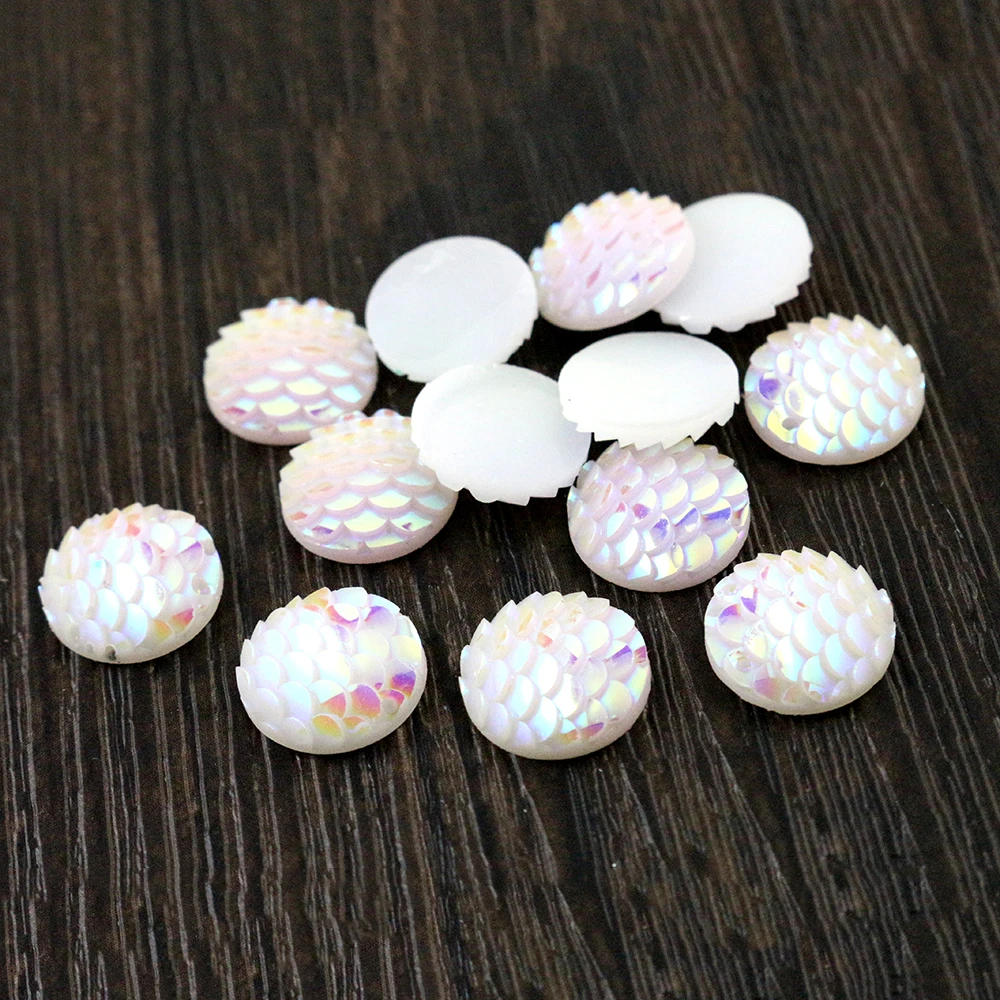 

8mm 10mm 12mm 40pcs/Lot Pure White AB Colors Fish scales Style Flat back Resin Cabochons For Bracelet Earrings accessories