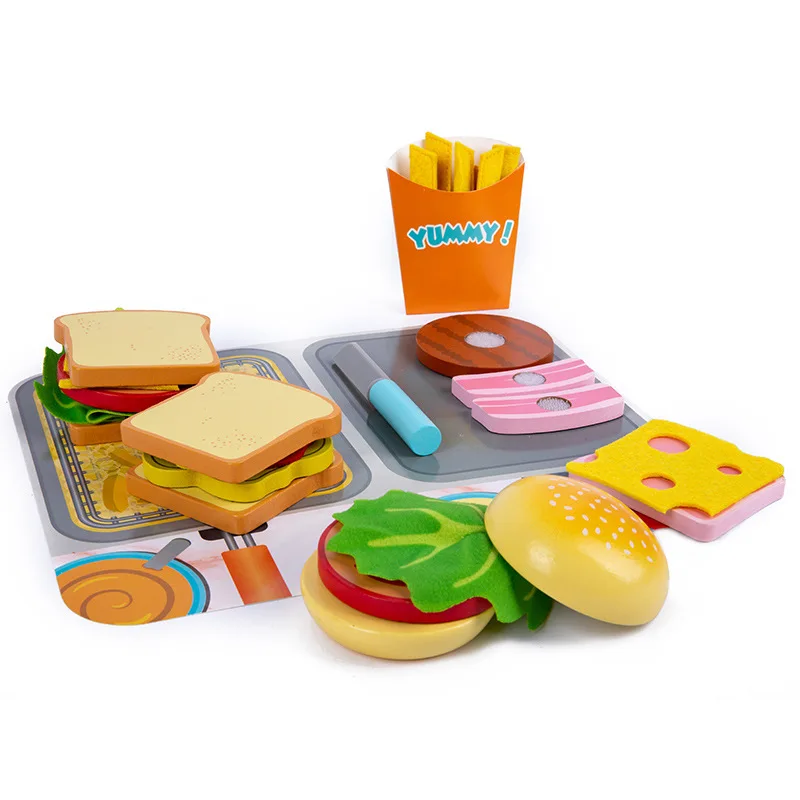 

Simulation Barbecue Foreign Trade Hamburger Salad Vegetables and Fruits Cut To See Set Meal Kitchen House Wooden Toys