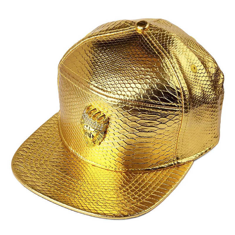 Hip Hop Crown Lion Head Logo PU Leather Baseball Cap Rap 5 Panel Metal Casual Belt Buckle Snapback Hats Men Black Red Gold