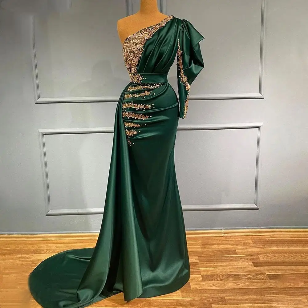 

Green satin one-shoulder sequin beaded ball gown Aso Ebi train party banquet formal dress