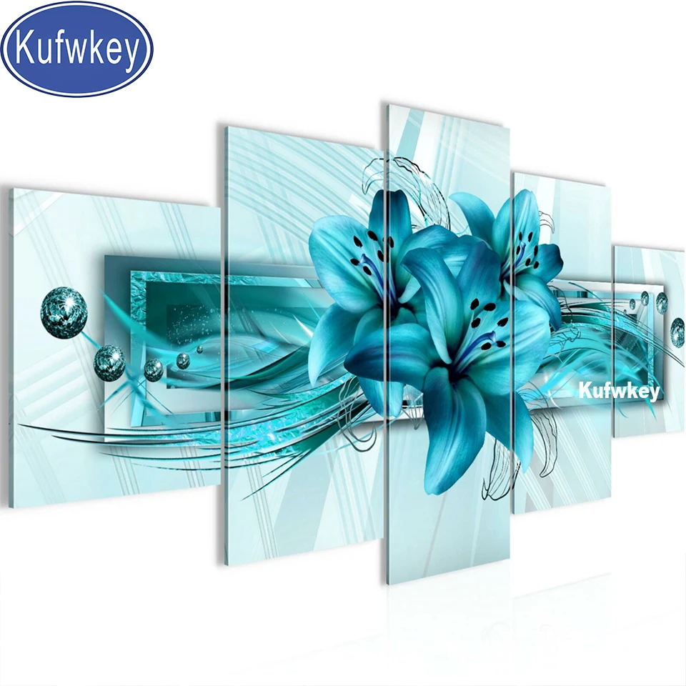 

5 Panel 5d Diy Diamond painting Green Lily mosaic Diamond blossom picture Full Square/round 5d lily diamond Embroidery home deco