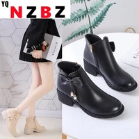 fashion bow short boots womens shoes for fallwinter 2021 new thick heel mid heel boots plus velvet snow boots leather shoes
