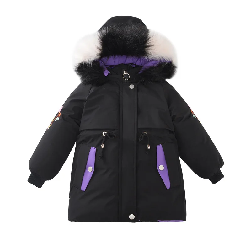

Зимняя куртка для девочек, новинка, Размеры M и L, куртки на меху для детей, верхняя одежда средней длинны и длинная вышивка пуховая хлопковая ...