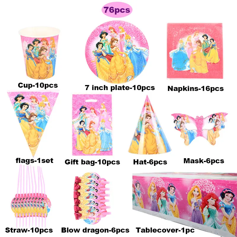 

76pcs Disney 10 people Princess Theme Party Decoration Birthday Decor Disposable Tableware for Baby Girl Birthday Decoration