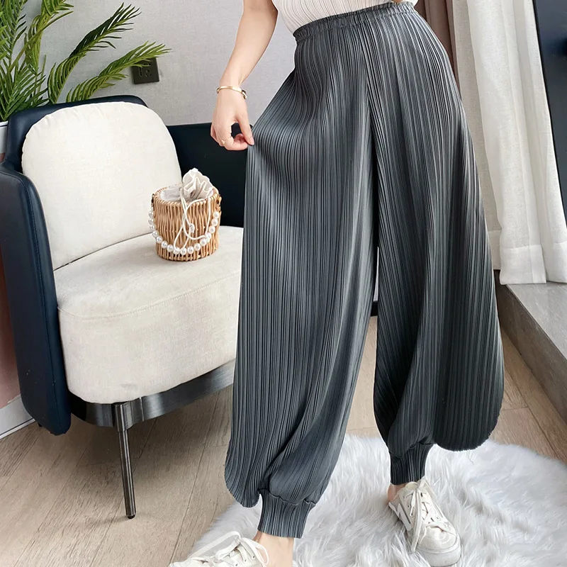 High Waist Pants For Women's Clothing Summer New Stretchable Loose Miyake Pleated Casual Ankle-Length Bloomers Trousers Female