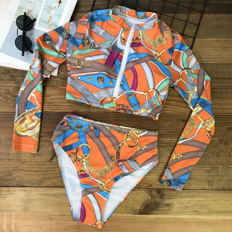 Женский купальник на молнии в африканском стиле бикини с длинным рукавом
