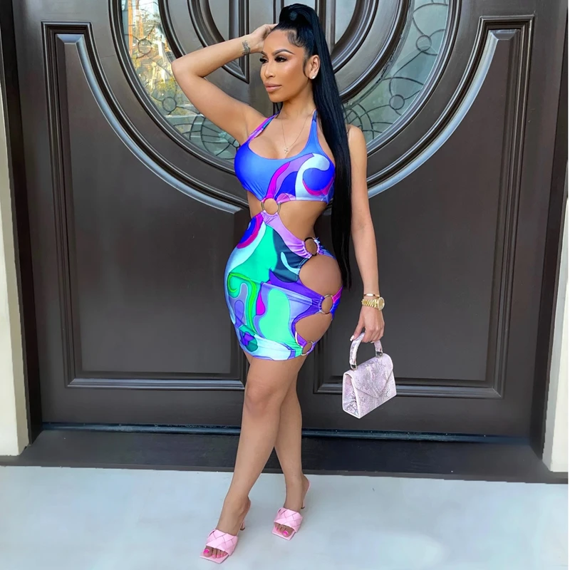 

Сексуальное облегающее платье с принтом и открытой спиной, летние наряды для отпуска для женщин, одежда для ночного клуба, женские мини-плат...