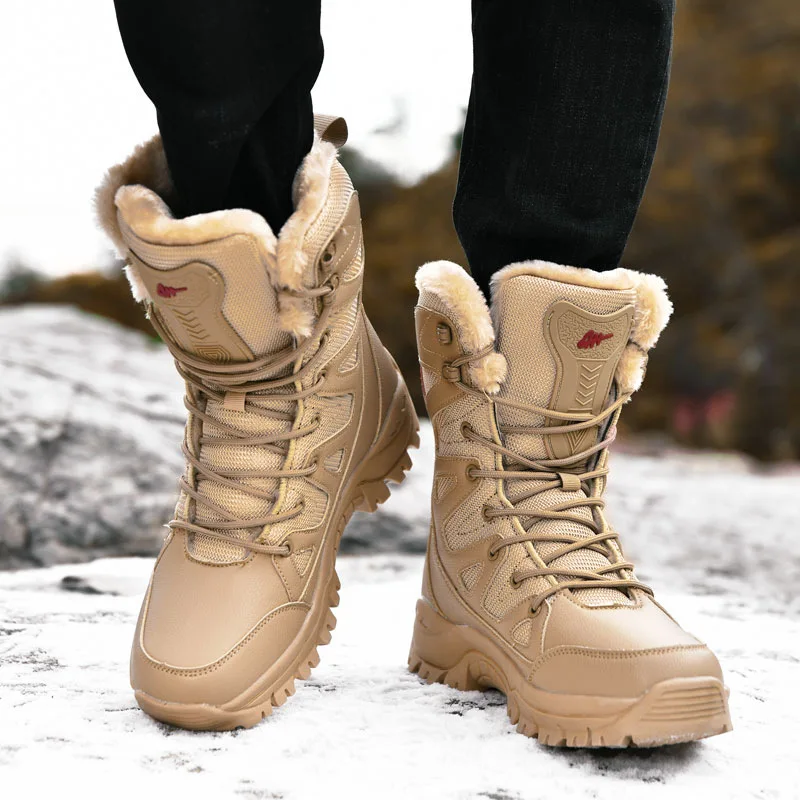 

Military Boots Leather Combat Boots for Men and Woman Fur Plush Winter Snow Boots Outdoor Army Bots Army Shoes