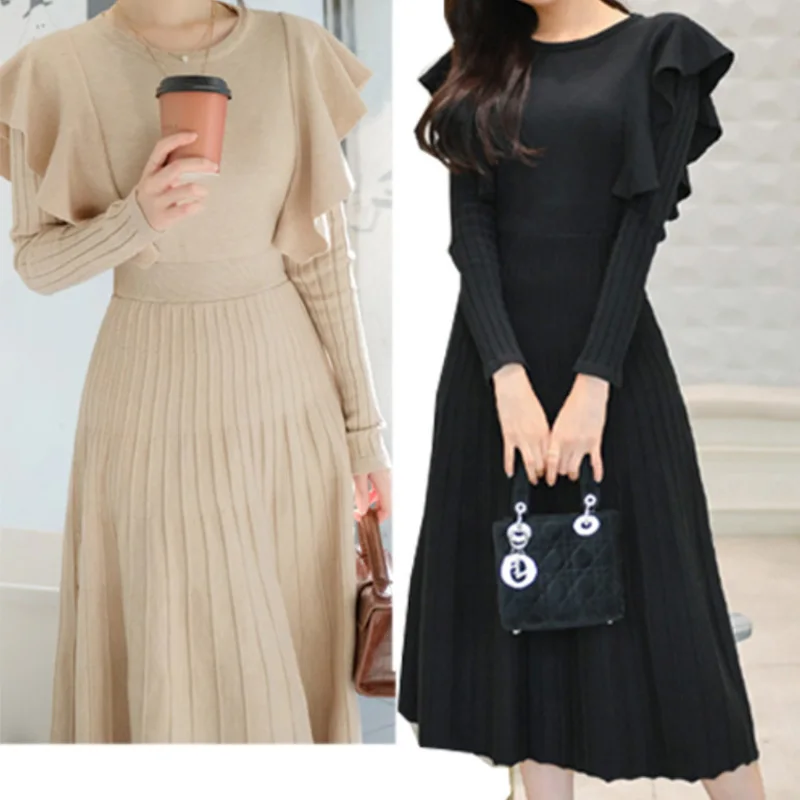 

Thicken Knit Long Dress Slim Full Sleeve Ruffles Women Sweater Bottom Solid O-Neck Female Soft Comfy Outdoor New Year's Dresses
