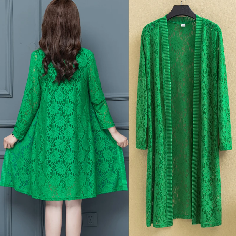 

new Wind Breaker For Women Long Sleeve Solid Loose Lace Thin Jackets New Summer Ladies Fashion Lace Joker Long Coats