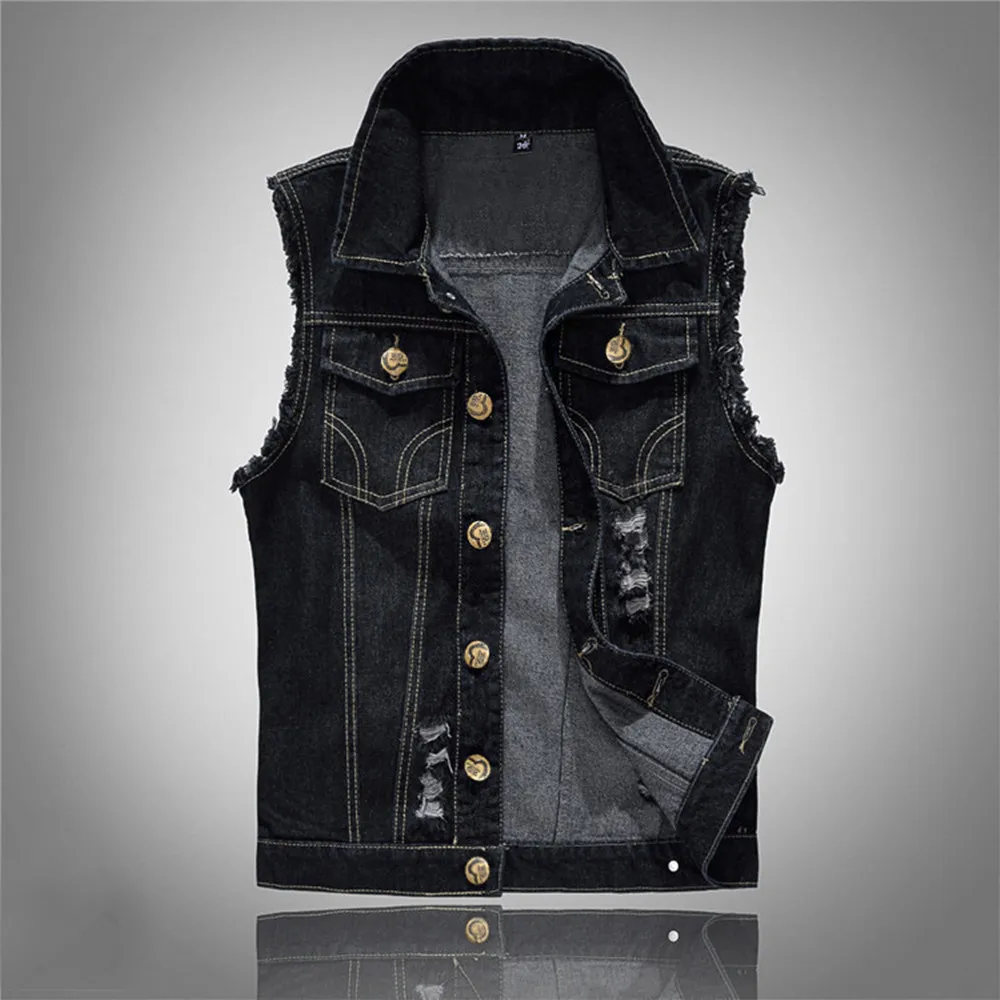 

2021 Ripped Jean Jacket Men's Denim Vest Hip Hop Jean Coats Waistcoat Men Cowboy Brand Sleeveless Jacket Male Tank Plus Size 6XL