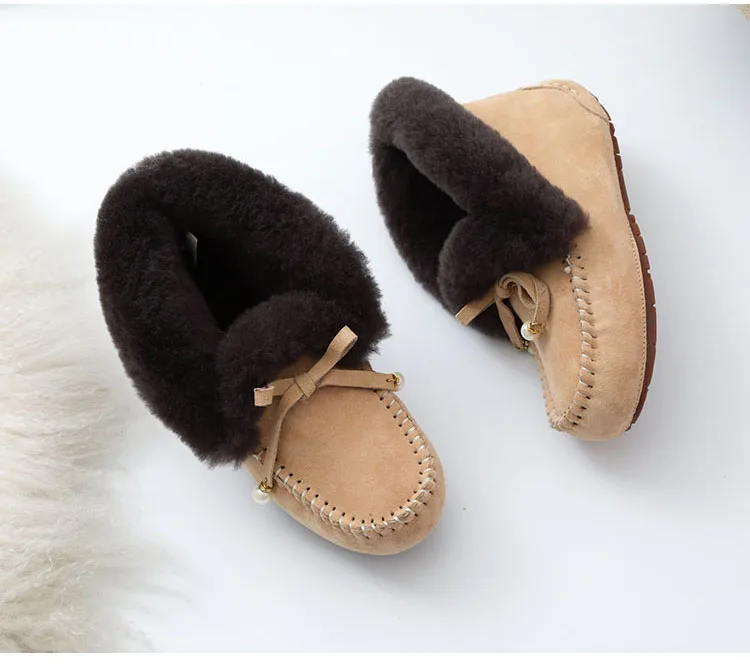 Natural Fur Women Flats Casual Moccasins Comfortable Loafers Genuine Leather Women Shoes Fashion Driving Shoes Woman