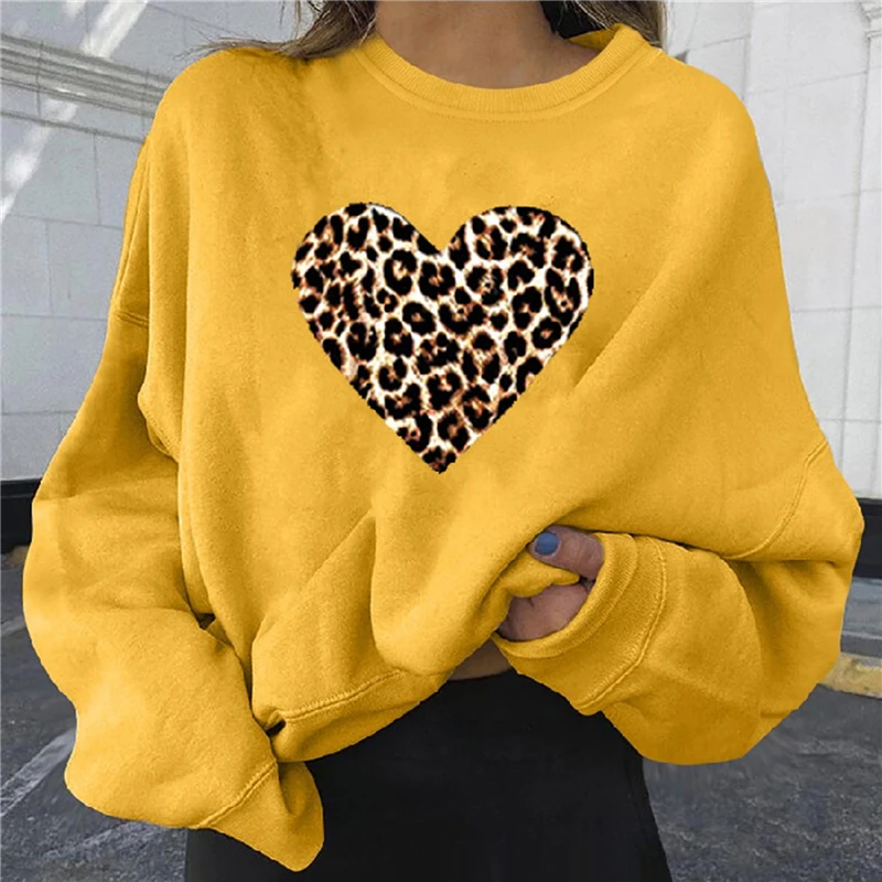 

2022 Women Heart Printing Loose Pullovers Fashion O-neck Plus Size T-shirt Ladies Autumn Casual Long Sleeve Sweatshirts Leopard