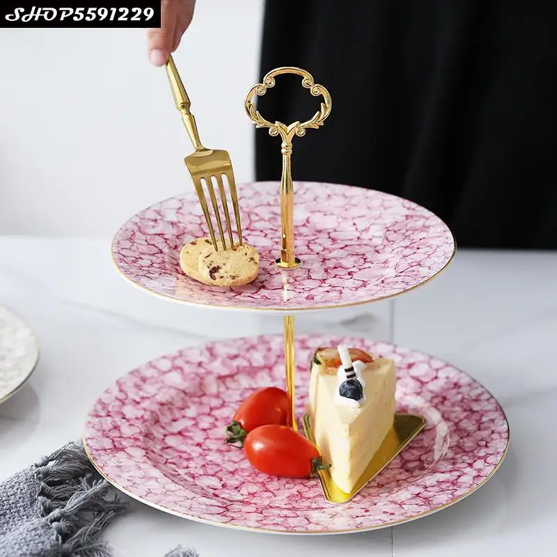 European Gilt Ceramic Dessert Table Wedding Cake Stand Afternoon Tea Double Fruit Plate Snack Rack Party Tableware | Дом и сад