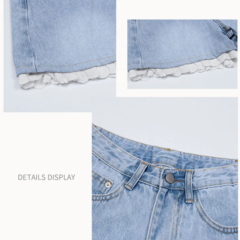

Shorts Women Sweet Cute Lace Patchwork Vintage Denim Summer High Waist Wide Leg Loose Cowboy Sexy All-match Preppy Style Kawaii