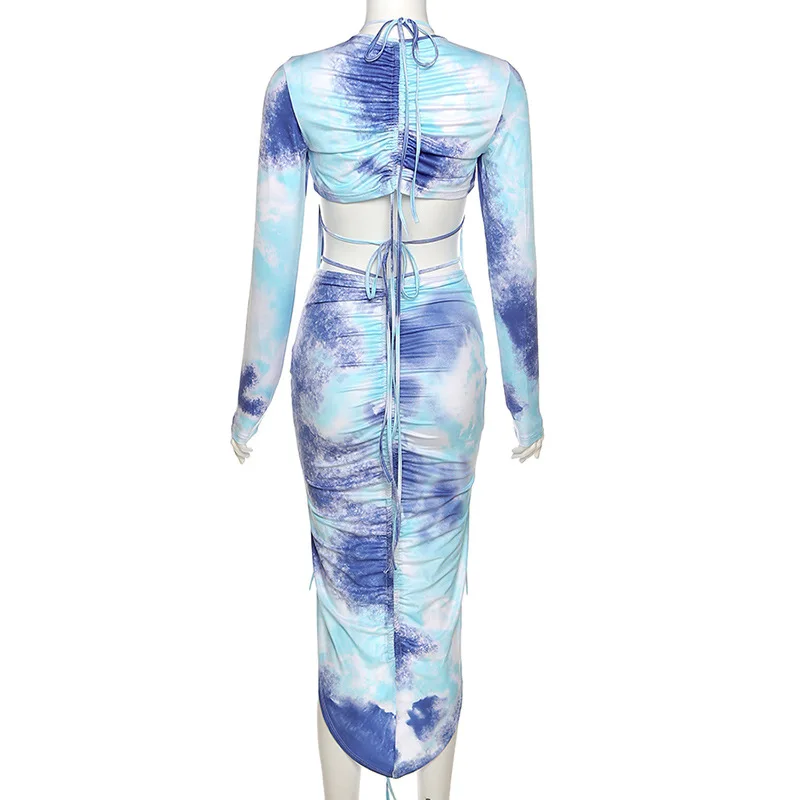 

ANJAMANOR Tie Dye Print Sexy 2 Piece Sets Birthday Outfits for Women Bodycon Clubwear Dress Suit Skirt Matching Sets D83-EB33