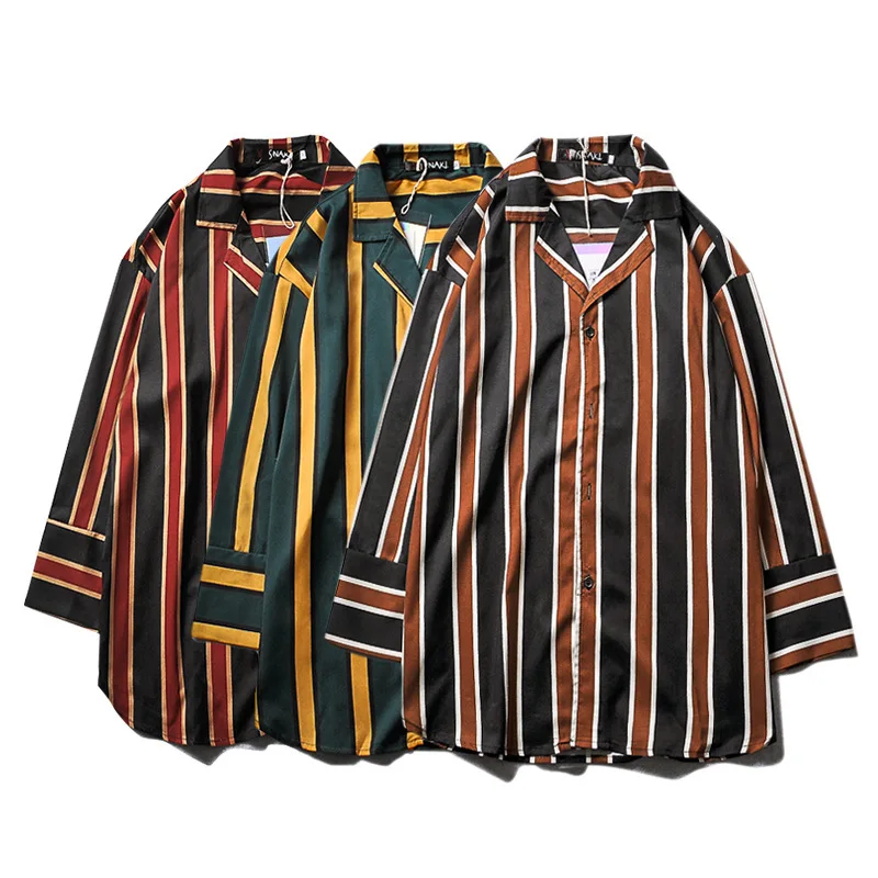 

Summer Hong Kong Style Retro Three Quarter Sleeve T-Shirt Hawaiian Summer Beach Stripe Causal Shirt for Men and Women