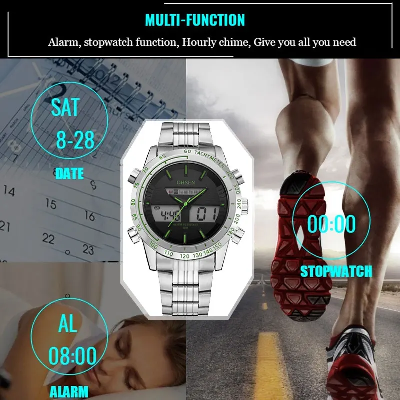 

Men's Military Sports Wrist Watch Silver Quartz Steel Waterproof Dual Display Male Clock Top Brand Watches Relogio Masculino New