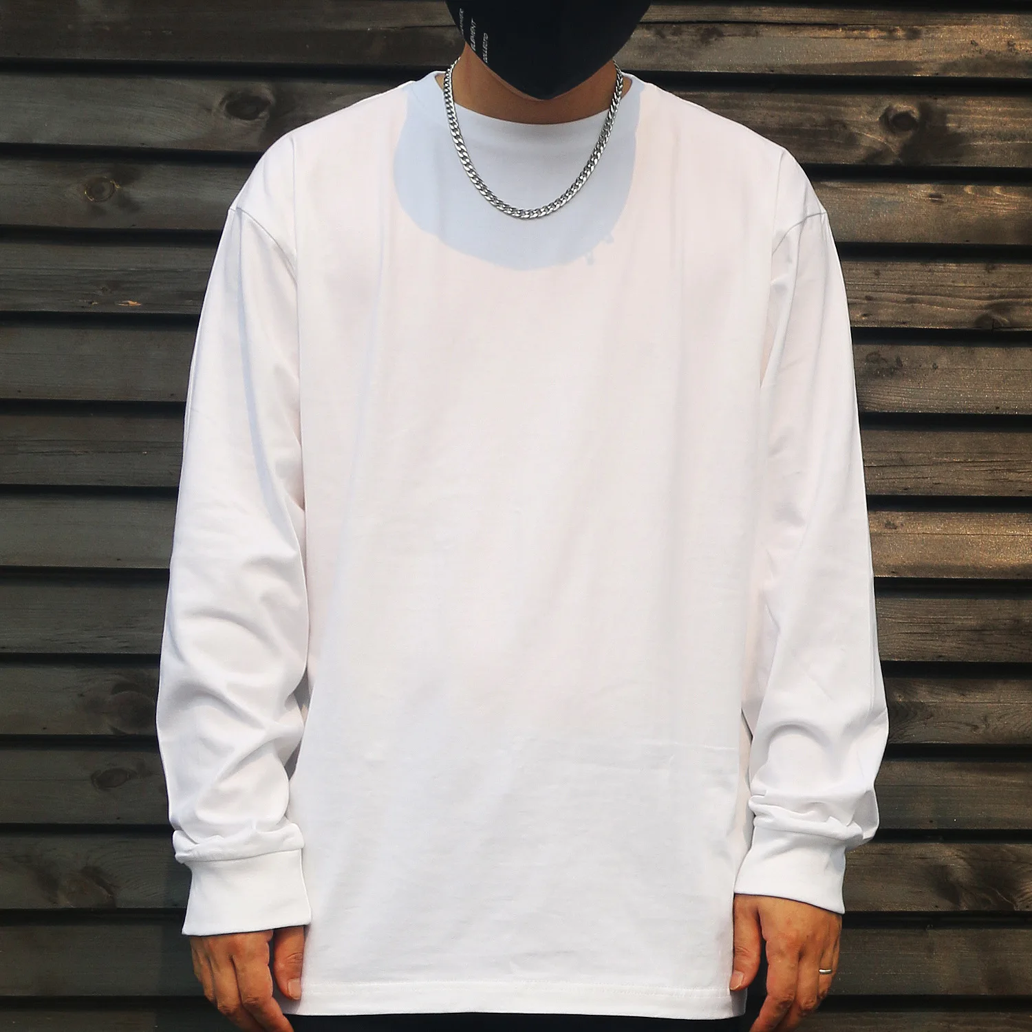 

250g autumn and winter cotton thick round neck threaded cuff long-sleeved T-shirt mens pure cotton white bottoming shirt for men