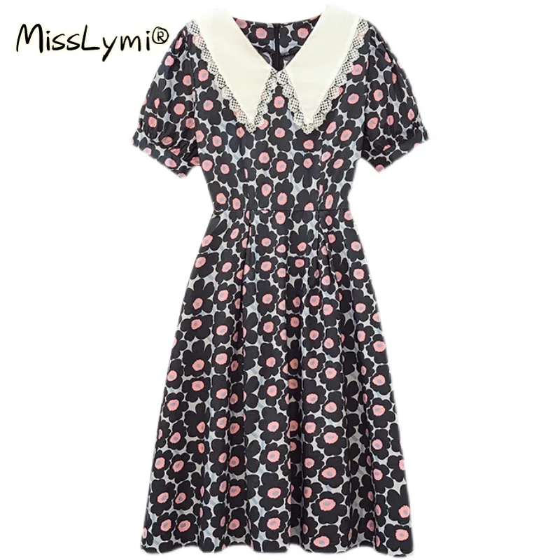 

5XL Plus Size Women Vintage Flower Print Dress Summer 2021 Lace Peter Pan Colalr Short Sleeve High Waist A-Line Floral Dresses
