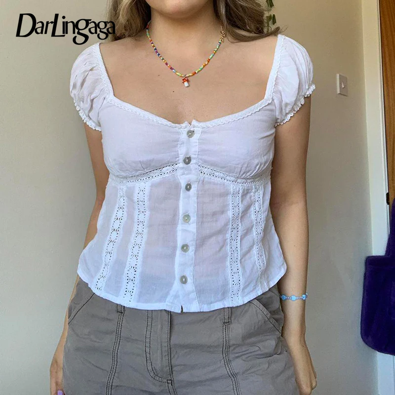 

Darlingaga Y2K Square Neck Cute Summer T shirt Women Frill Hollow Stitching White Crop Tops Casual Buttons E-Girl Tee Shirts New