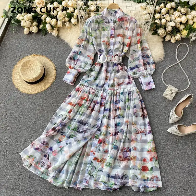 

Free Shipping Dress Women Spring Fashion Outwear Wave Flower Bubble Sleeve Sweet Elegant Dress Collect Waist Hit Color Vestidos