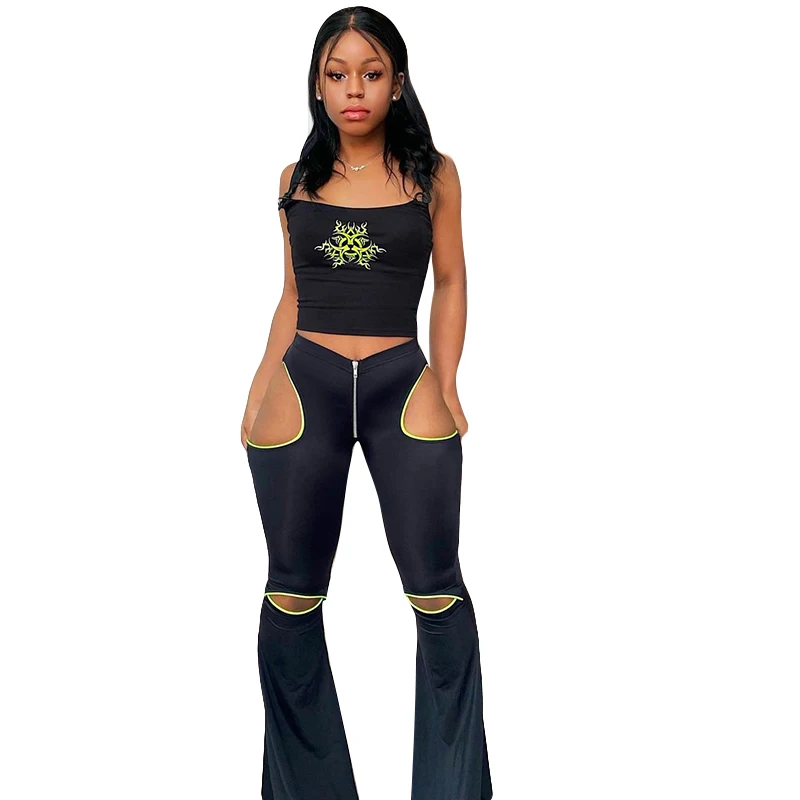 

2021 spring new high waist zipper hollow flared trousers casual trousers ladies temperament charming everyday wear sexy nice