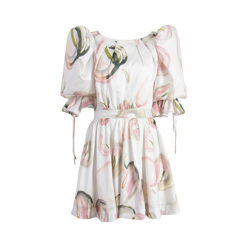 

Sexy Backless Puff Sleeve Printed Dresses for Women Summer 2021 Vacation Bohemian Beach Dress Vestido De Mujer