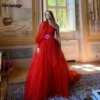 sevintage gorgeous red prom dresses one shoulder long sleeves a line evening gowns women party dress with belt fashion outfits