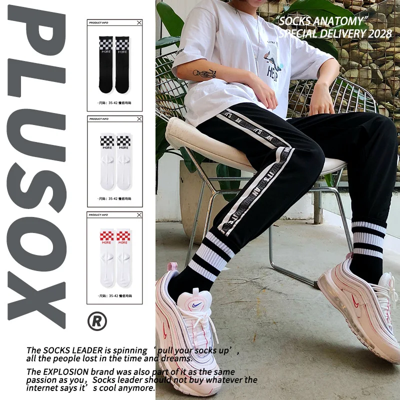

Новые товары для осени и зимы Plusox, уличные хлопковые носки с контрастной полосой в стиле колледжа с мозаикой, увлажняющие носки